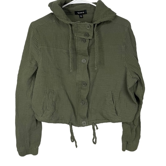 torrid Jackets & Blazers - torrid Olive Green Textured Button-Up Hooded Utility Jacket